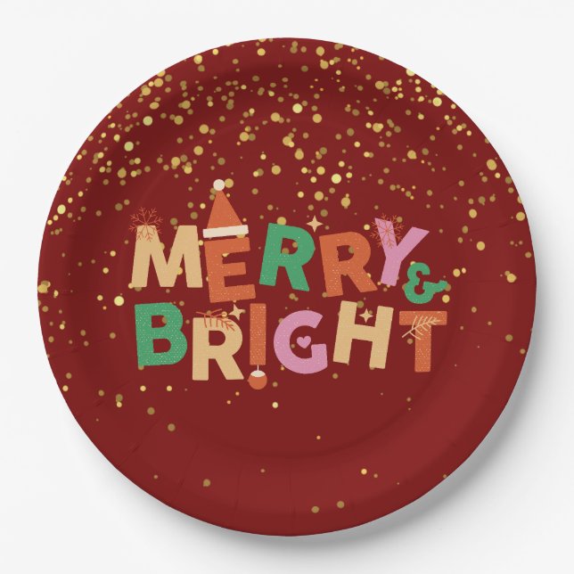 Merry & Bright Red Christmas Party Paper Plates (Front)