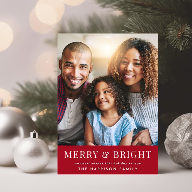 Merry Bright Red Christmas Photo Holiday Card (Share the love and warmth of the holiday season with a personalized photo Christmas card)