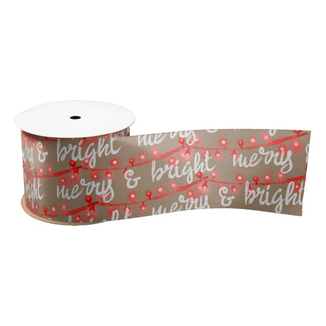 Merry & Bright Red Christmas Tree Lights Kraft Satin Ribbon (Spool)