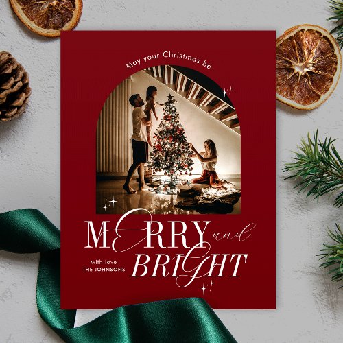 Merry  Bright Red Elegant Script Christmas Photo Holiday Card