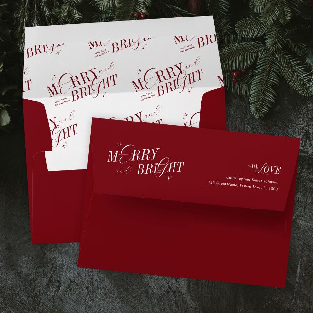 Merry & Bright Red Elegant Script Modern Christmas Envelope (Add the finishing touch to your holiday cards and invites with this elegant Christmas envelope)