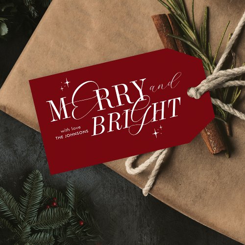 Merry  Bright Red Elegant Script Modern Christmas Gift Tags