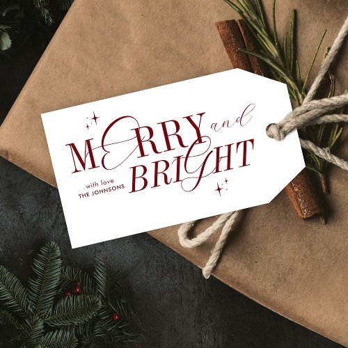 Merry  Bright Red Elegant Script Modern Christmas Gift Tags