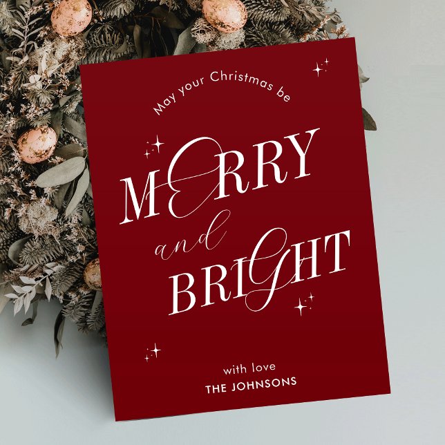 Merry & Bright Red Elegant Script Modern Christmas Holiday Card (Fully editable Merry & Bright greeting card design in festive red and white )