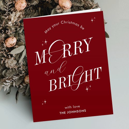 Merry  Bright Red Elegant Script Modern No Photo Holiday Card