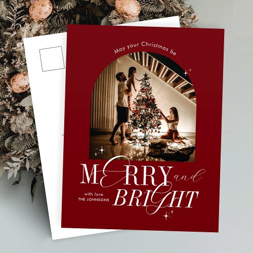 Merry  Bright Red Elegant Script Photo Christmas Holiday Postcard