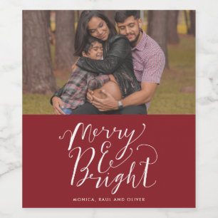 Merry & Bright Red Family Photo Christmas Wine Label