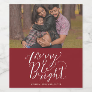 Merry & Bright Red Family Photo Christmas Wine Label