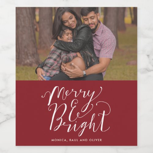 Merry  Bright Red Family Photo Christmas Wine Label