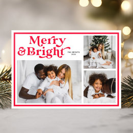 Merry & Bright Red Frame Photo Collage Letterpress Photo Cards