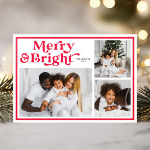 Merry & Bright Red Frame Photo Collage Letterpress Photo Cards