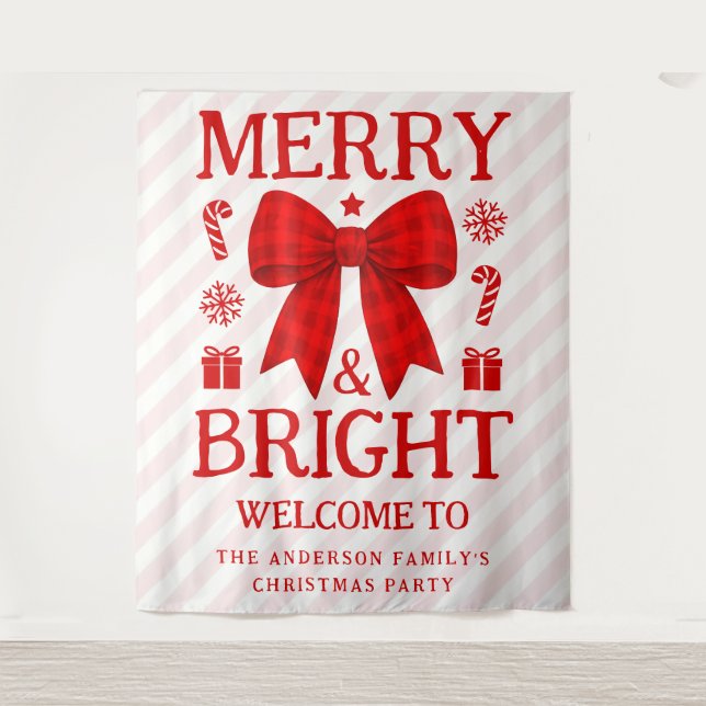 Merry & Bright Red Gingham Bow Christmas Backdrop (Front)