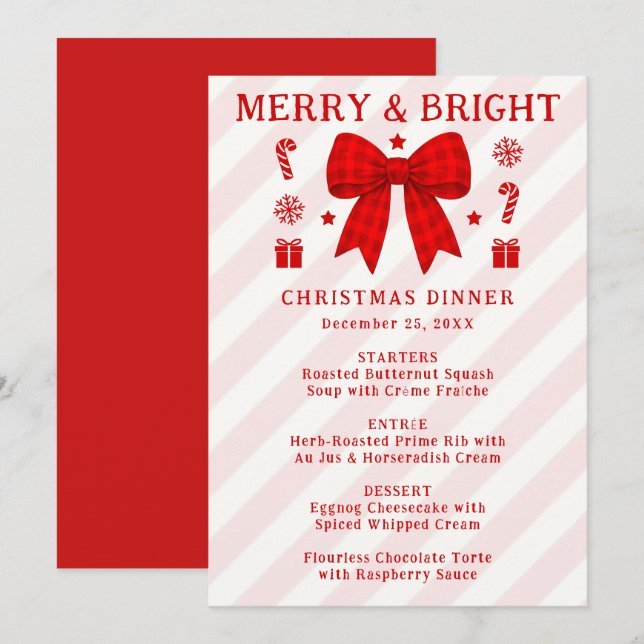Merry & Bright Red Gingham Bow Christmas Dinner Menu (Front/Back)