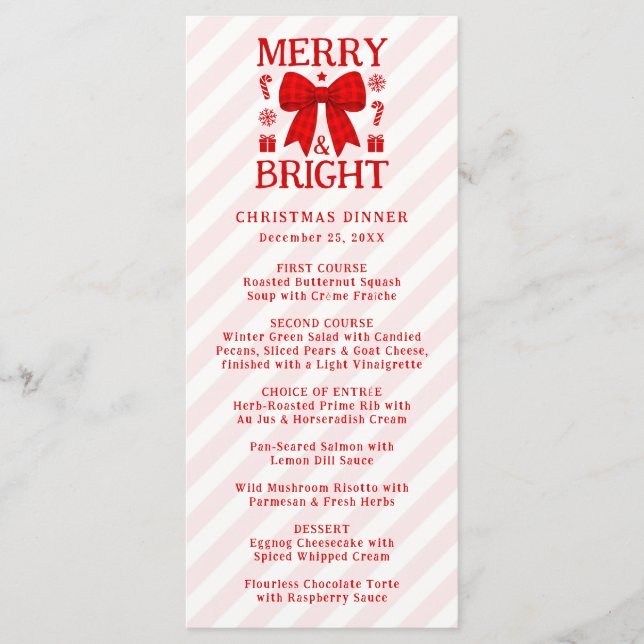 Merry & Bright Red Gingham Bow Christmas Dinner Menu (Front)