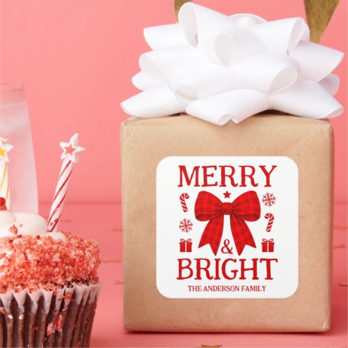 Merry &amp; Bright Red Gingham Bow Christmas Gift Square Sticker