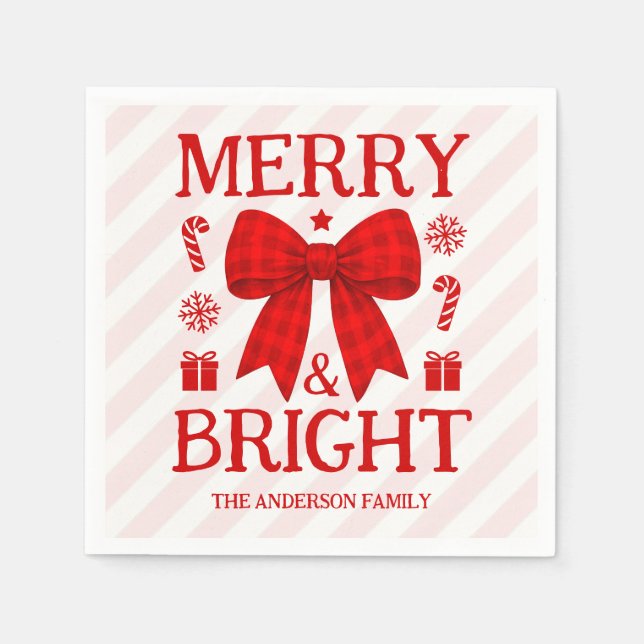 Merry & Bright Red Gingham Bow Christmas Napkins (Front)