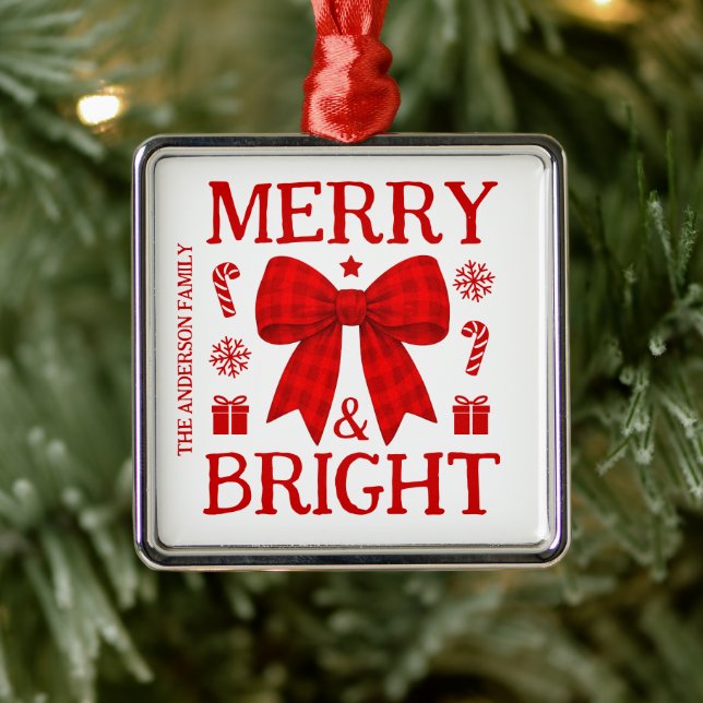Merry & Bright Red Gingham Bow Christmas Ornament (Tree)