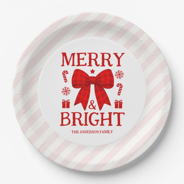 Merry & Bright Red Gingham Bow Christmas Paper Plates (Front)