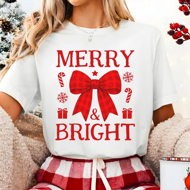 Merry & Bright Red Gingham Bow Christmas Shirt (Creator Uploaded)