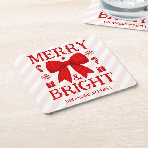 Merry &amp; Bright Red Gingham Bow Christmas Square Paper Coaster