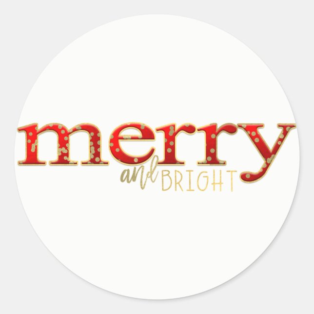 Merry & Bright Red Gold Holiday Christmas Favor Classic Round Sticker (Front)