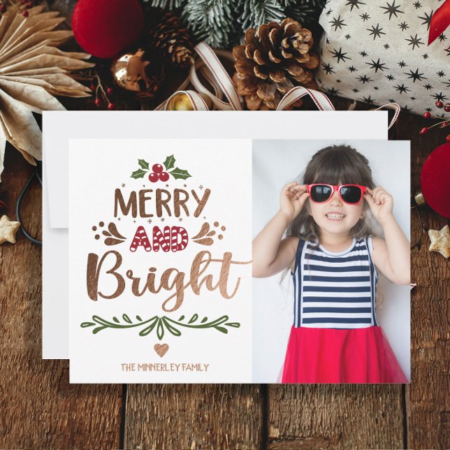 Merry Bright Red Gold White Christmas Photo Holiday Card (Red, green, and gold "Merry and Bright" Christmas photo greeting card.)