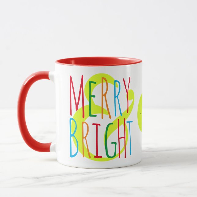 Merry & Bright Red, Green Blue Typography Holiday Mug (Left)