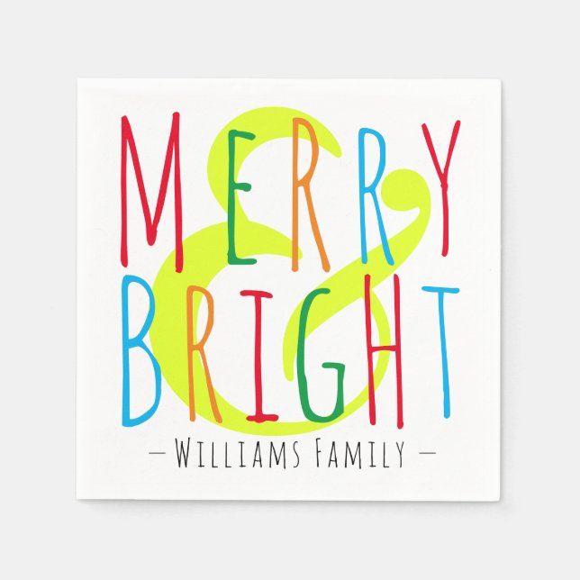 Merry & Bright Red, Green Blue Typography Holiday Napkins (Front)