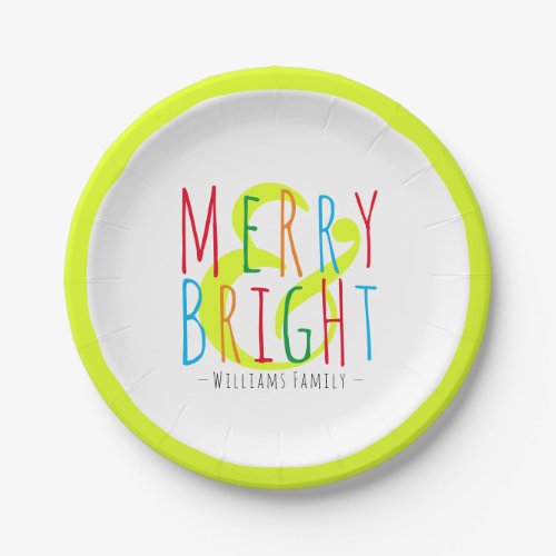 Merry  Bright Red Green Blue Typography Holiday Paper Plates