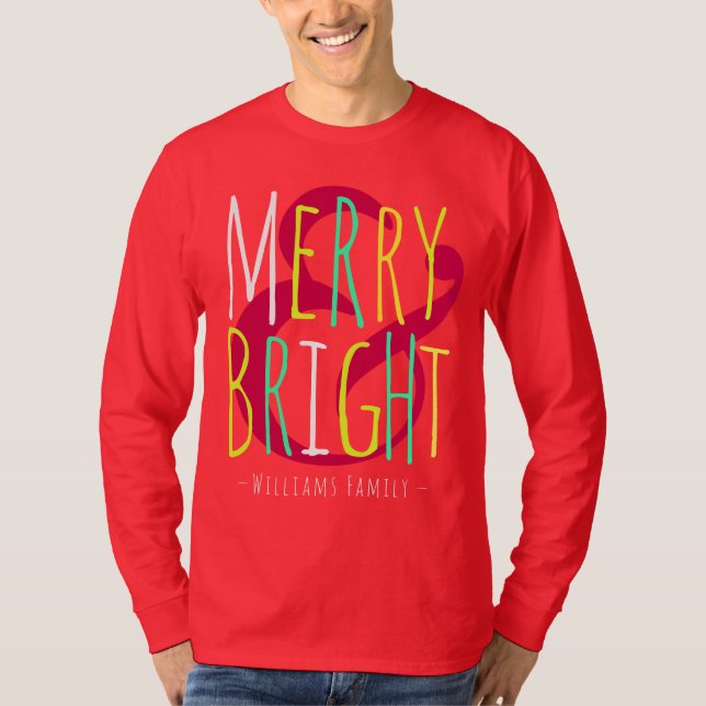 Merry & Bright Red, Green Blue Typography Holiday T-Shirt (Front)