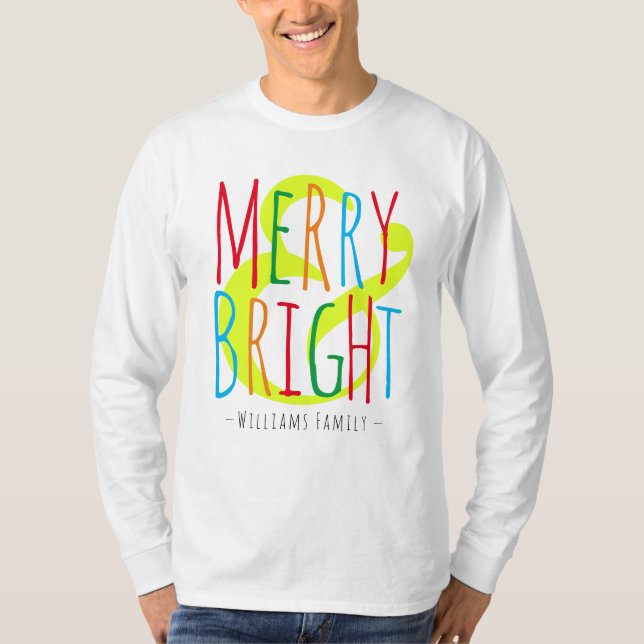 Merry & Bright Red, Green Blue Typography Name T-Shirt (Front)