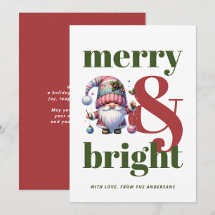 Merry & Bright Red Green Gnome Christmas Holiday Card