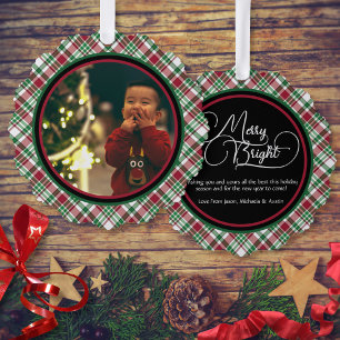 Merry & Bright Red & Green Plaid Holiday Photo Ornament Card