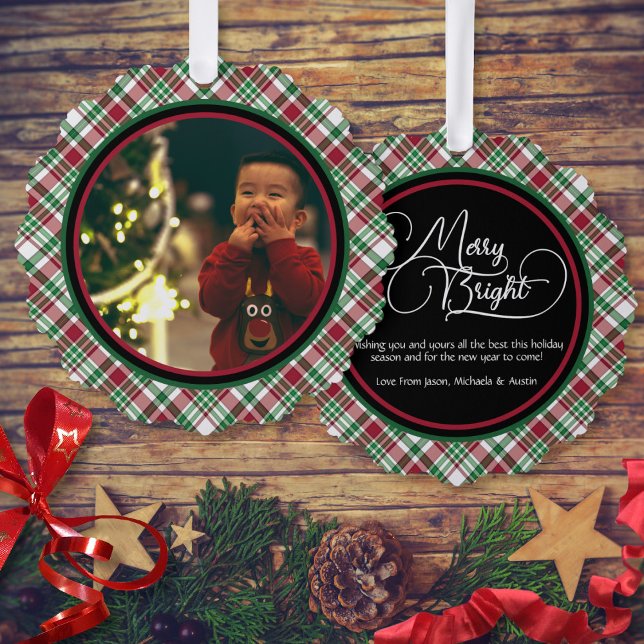 Merry & Bright Red & Green Plaid Holiday Photo Ornament Card (In Situ with Decorations)