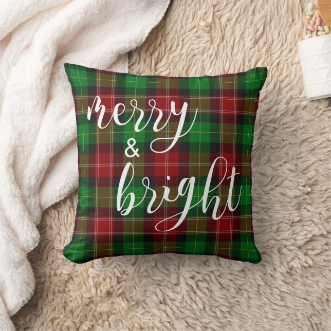Merry & Bright Red Green Plaid Tartan Christmas Throw Pillow (Blanket)