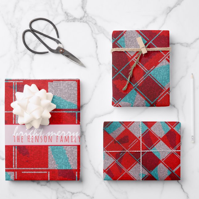 Merry Bright Red Knit Knitting Family Holiday Wrapping Paper Sheets (Front)