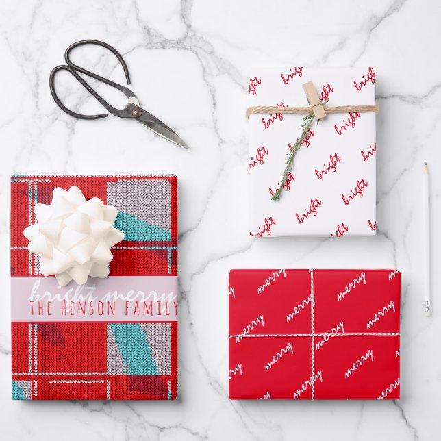 Merry Bright Red Knit Knitting Family Holiday Wrapping Paper Sheets (Front)