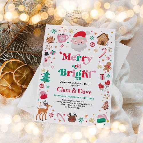 Merry  Bright Red Pink Green Christmas Party Invitation