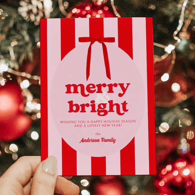 Merry & Bright Red Pink Stripes Holiday Card (Creator Uploaded)