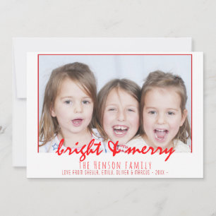 Merry Bright Red Script Family Photo Christmas Holiday Card