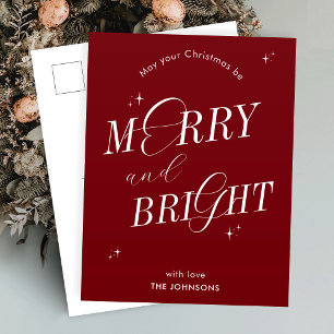 Merry & Bright Red Script Non Photo Christmas Holiday Postcard