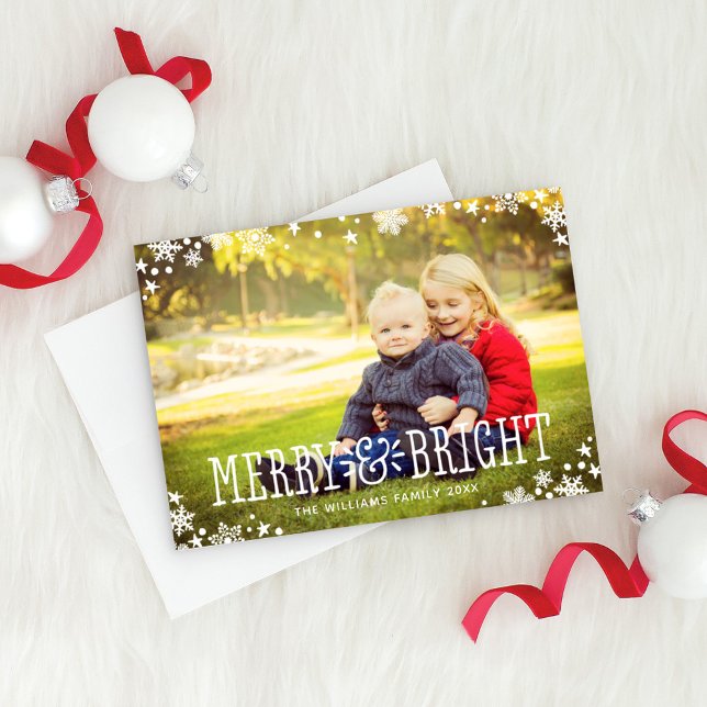 Merry & Bright Red Snowflake Confetti Photo Holiday Card (Creator Uploaded)