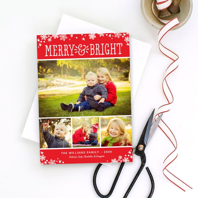 Merry & Bright Red Snowflake Frame Photo Collage Holiday Card (Creator Uploaded)