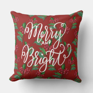 Merry Bright/Red Snowflake/Gold Christmas Pillow