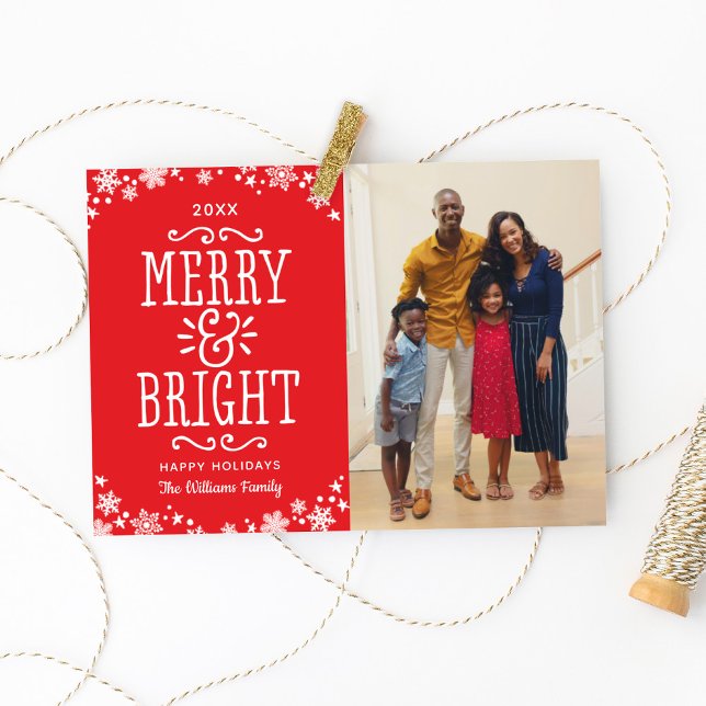 Merry & Bright Red Snowflake Photo Holiday Card (Creator Uploaded)
