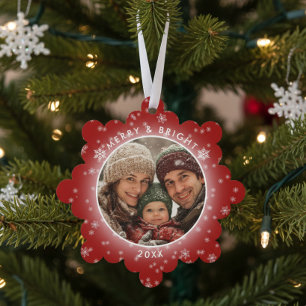 Merry & Bright Red Snowflakes Photo Christmas Ornament Card
