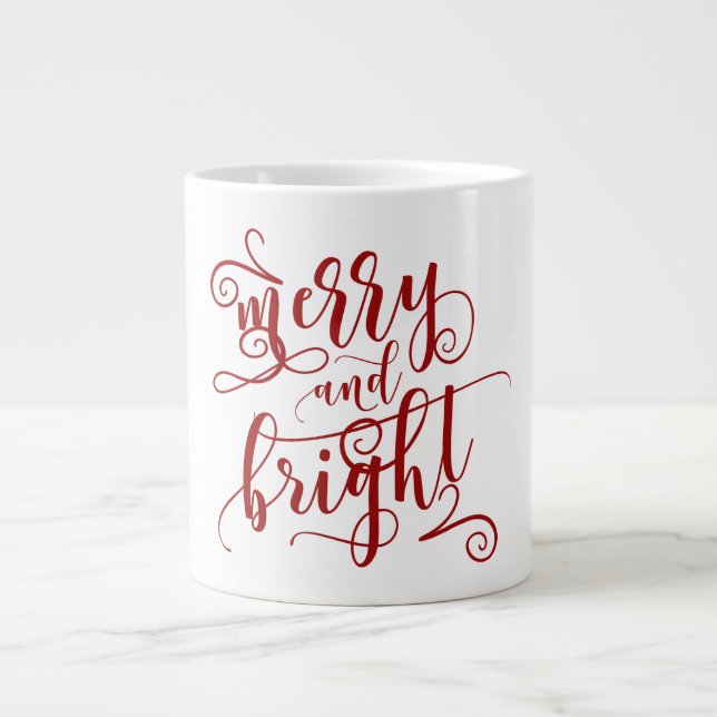 Merry & Bright | Red Text | Christmas Giant Coffee Mug (Front)