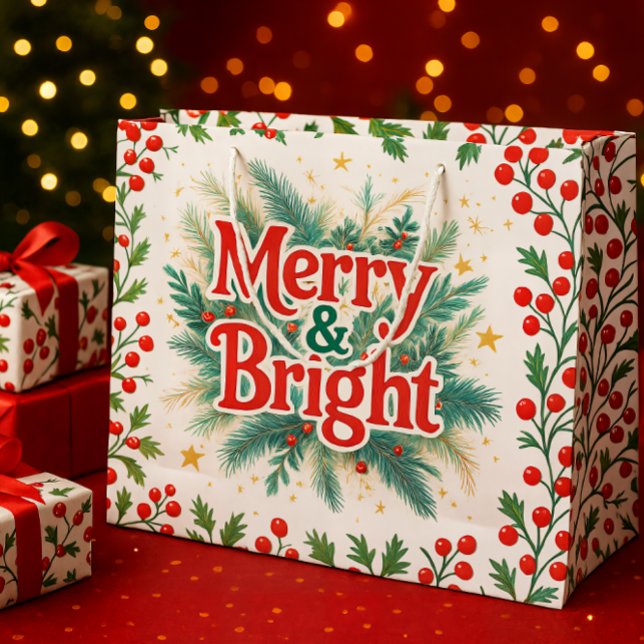 Merry & Bright Red White Christmas Large Gift Bag (Creator Uploaded)