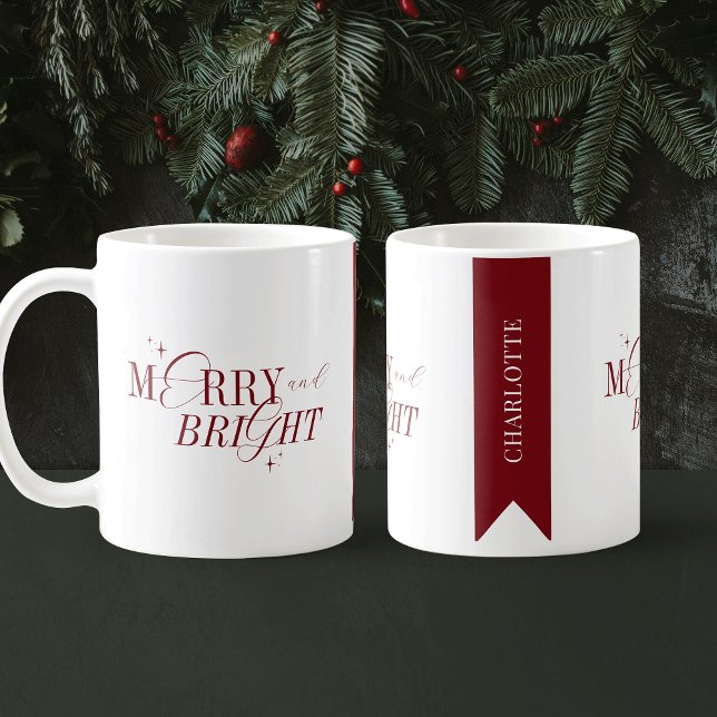 Merry & Bright Red & White Custom Name Christmas Coffee Mug (Featuring stylish calligraphy script fonts and modern layout, this festive mug makes a perfect gift)