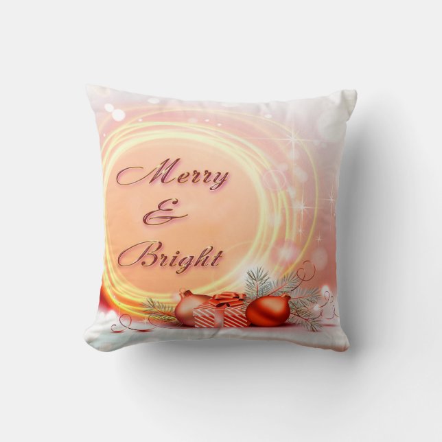 Merry & Bright Red Yellow Festive Christmas Throw Pillow (Front)
